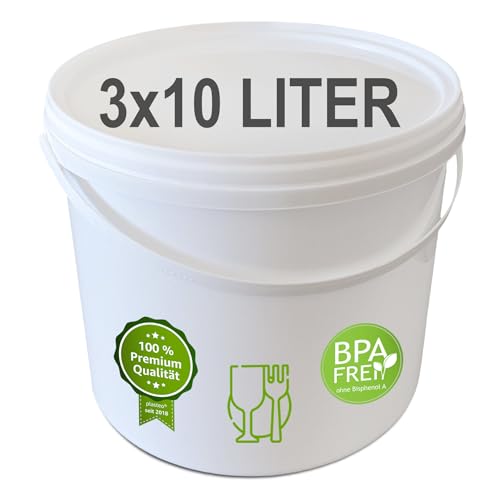 plasteo® – 3er-Set 10 L Eimer mit Deckel, Weiss, stapelbar, lebensmittelecht