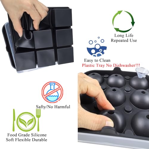 Easy Release Silicone Ice Cube Tray with Lid, Plastic Ice Ball Maker with Funnel, 9x5cm Square Large Ice Cubes and Round Ice Balls for Whiskey Cocktails, Silicone Freezer Trays for Homemade DIY - Image 5