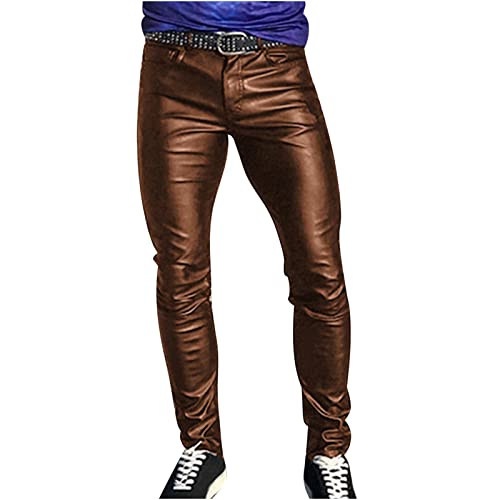Cambkatl Men's Classic Leather Pants Retro Gothic Slim Fit Fashion Stretch Tight Trousers Night Club Metallic Moto Jeans