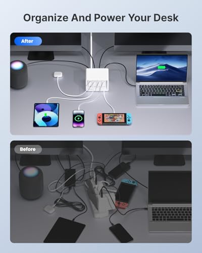 Image of Gitryin 12-in-1 Desktop Charging Station with 3 Retractable Type-C Chargers and 1 Lightning Charger, 160W USB-C Charging Hub with 33.5in Cable, 4 AC, 1 USB A Port, 3 USB C Ports, White