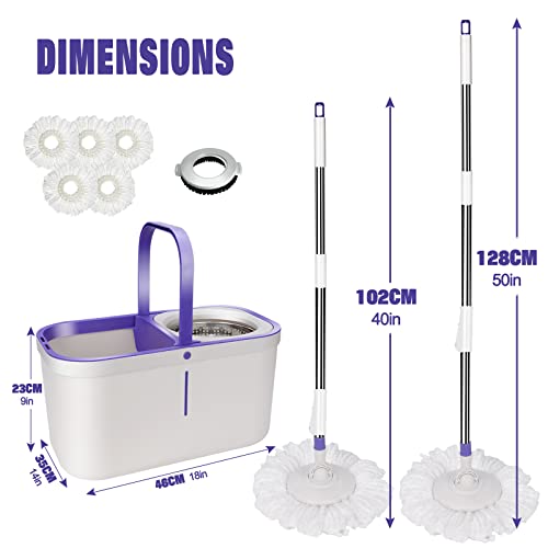 Mastertop Spin Mop And Bucket With Wringer Set,Wet And Dry Use For Floor Cleaning, Adjustable Handle, 5 Reusable Washable Microfiber Pads,1 Floor Brush Head #TOP1