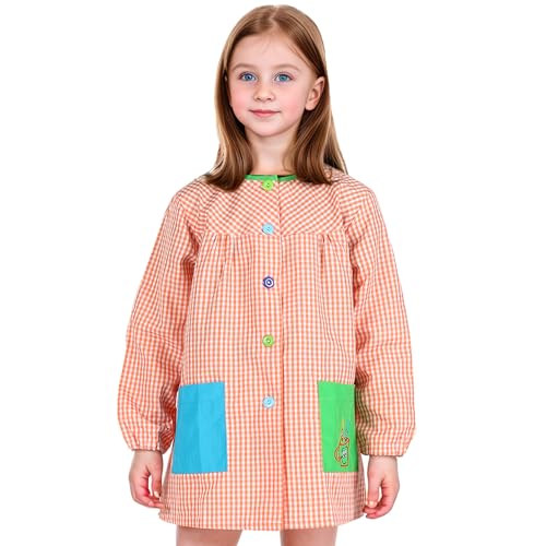H HANSEL HOME Bata Escolar Infantil con Botones para 7-8 años, Babi Infantil Bata con dos Bolsillos Niño y Niña para Guarderia y Colegio - Naranja, Talla 6(7-8 años)