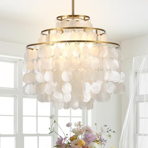 FISGONI 17 Modern Capiz Shell Chandelier 3-Light Gold Tiered Pendant Lighting Coastal Beach Pendant Light Fixture with White Shells for Dining Room Living Room Bedroom Foyer Entryway