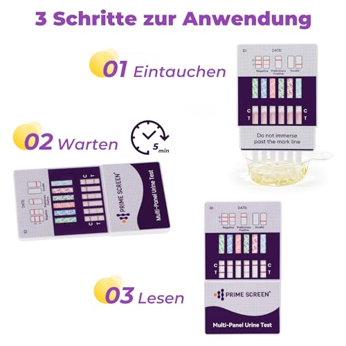 Prime Screen Drogentest schnelltest 6-in-1 Urin Drogentest 5x Drogentest auf Cannabis THC Kokain Opiate Methamphetamin Amphetamine Benzodiazepine Drug Test