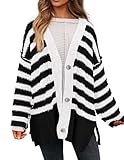 PRETTYGARDEN Women's Winter Striped Cardigan Sweaters Long Sleeve Button Down Open Front Chunky Knit Oversized Sweater Coat (Striped Black White,Small)