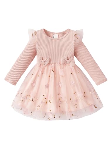 PATPAT Baby Mädchen Tüllkleid Mit Langen Ärmeln, Tutu Für Kleinkind, Perfekt Als Blumenmädchen Oder Weihnachtsfeier Geburtstags Langarm Prinzessin Kleid, Rosablüten2 12-18 Monate