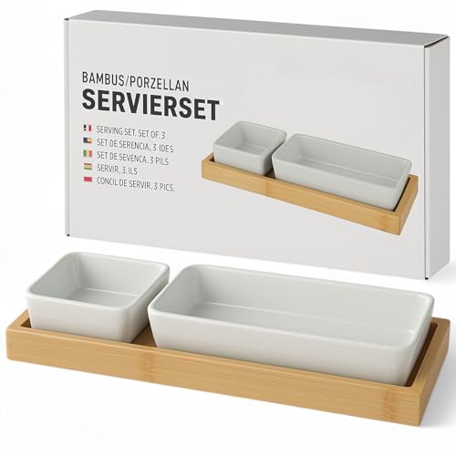 MIJOMA Servierset 3-teilig – Porzellan Schalen mit Holz-Tablett |...