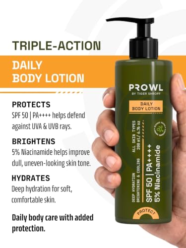 Image of PROWL by Tiger Shroff Men Body Lotion SPF 50 PA++++ with 5% Niacinamide | Daily Body Sunscreen Moisturiser for Deep Hydration & Brightening | Dry Skin, All Skin Types | Moisturizer Bodylotion | 200ml