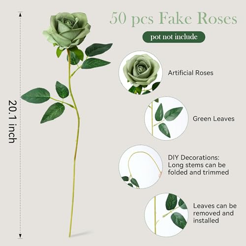 Image of INSPRING 50 PCS Green Roses Artificial Flowers with Long Stems | Real Looking, Fake Roses, Silk Flowers, DIY Bouquet, Wedding Party Celebration Home Bridal Decoration Gift, for Her Wife