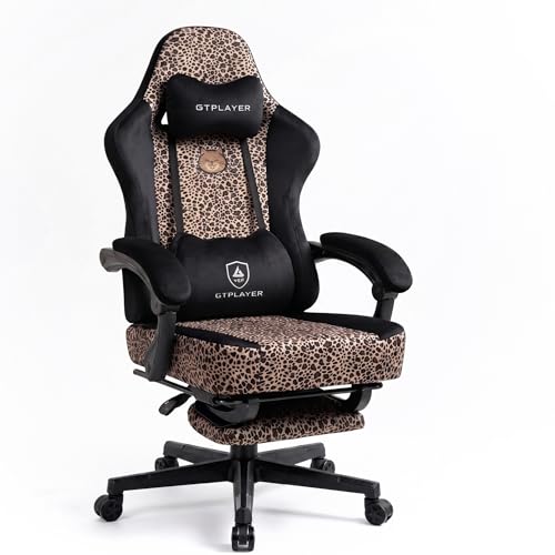 GTPLAYER Gaming Chair with Leopard Print Cat Cute Velvet Fabric Ergonomic Computer Chair with Footrest Headrest and Lumbar Support Big and Tall Comfortable Video Gamer Chair for Women Gift