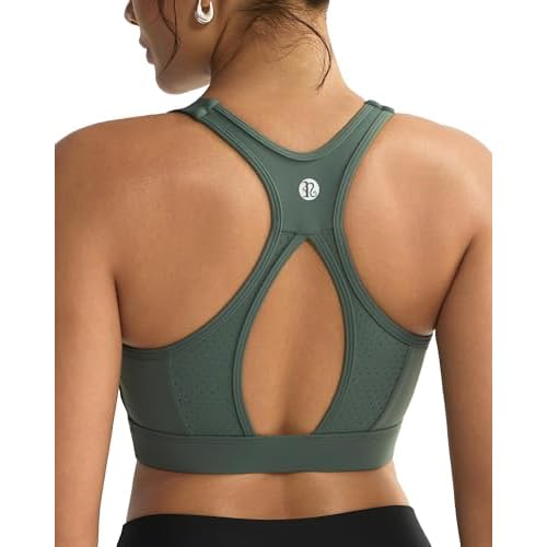 RUNNING GIRL Sports Bras for Women High Support, Adjustable Straps High Impact Sports Bras with Sewn in Pads Workout Bra Dark Green X-Large