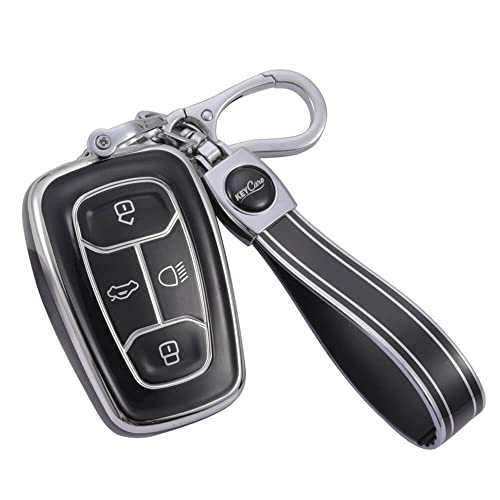 Image of Keyzone TPU Car Key Cover and Keychain Compatible for: Tata Nexon, Harrier, Tigor, Safari, Altroz, Punch Smart Key (Silver Black with Silver Black Keychain)
