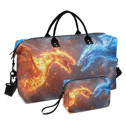 Travel Duffel Bag Abstruct Dragon Fire Blue Gym Bag Sports Tote Bag with Multiple Interior Pockets Shoulder Weekender Bag for Women Men with Toiletry Bag 20.5”x 7.9”x 13.8