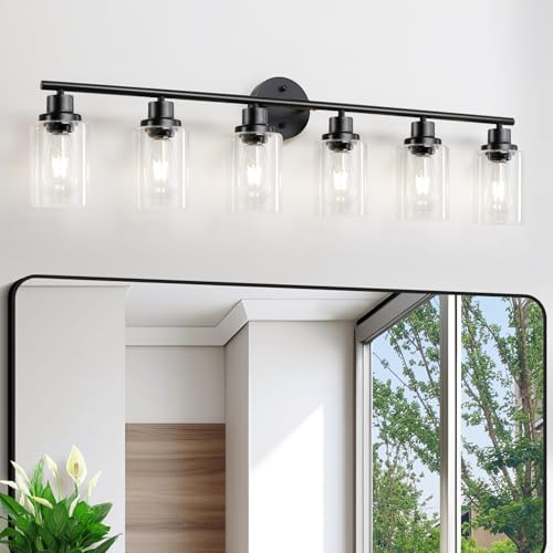 Image of 6-Light E26 Black Bathroom Vanity Lights, Modern Bathroom Light Fixtures with Clear Glass Shade, Wall Lamps for Mirror Hallway Kitchen Cabinet Living Room Sconces Lights
