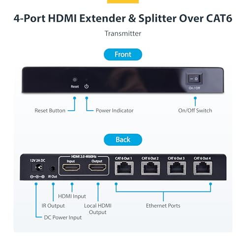 Image of StarTech 1x4 HDMI Extender Splitter Over CAT6, 4K 60Hz, 230ft, 4-Display | One transmitter to four receivers, Power over cable, 2ch audio, No drivers, Boardroom and signage, Wall or ceiling
