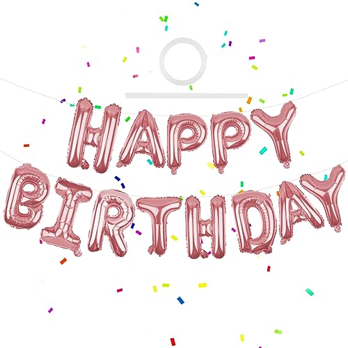 Image of Happy Birthday Balloons Banner Rose Gold 16 Inch Mylar Foil Letters | Inflatable Party Decor and Event Decorations for Kids and Adults | Reusable, Ecofriendly Fun