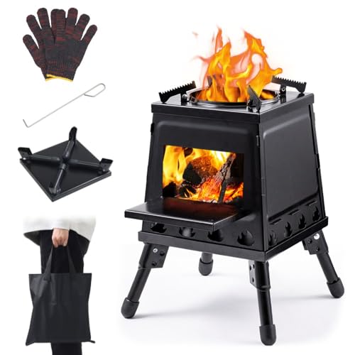 Japard Wood Burning Camp Stove, Portable Cast Iron Camping Wood Stove, Black Woodstove with...