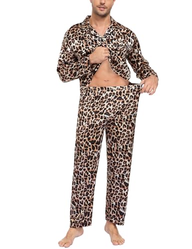 Image of SWOMOG Mens Silk Satin Pajamas Set Long Sleeve Sleepwear Button-Down Pj Two-piece Loungewear with Long Pants S-XXL