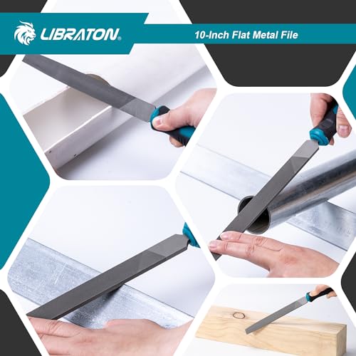 LIBRATON 10-Inch Flat Metal File, Metal File Tool, High Carbon Steel File with Ergonomic Handle, Hand File for Metal, Metalworking, Wood, Plastic, Flat File for Refining, Shaping and Scraping