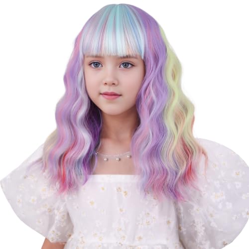 Image of Girls Rainbow Wig Kids Colored Wig with Bangs Child Short Curly Colorful Wigs Synthetic Cosplay Hair Wig