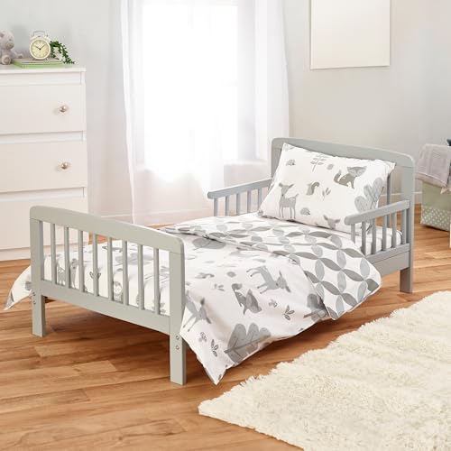 Kinder Valley Complete 5 Piece Grey Toddler Bed Bundle with Kinder Flow Mattress and Woodland Tales Reversible Bedding | Junior Bed and Children's Bed