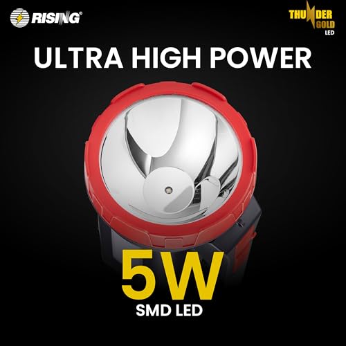 Image of RISING Thunder Gold Rechargeable 5W LED Torch with Emergency Sidelight | 4000mAh Li-ion Battery | Type-C Fast Charging with Power Bank Option| 1KM Long Range Beam | Upto 12 Hours Backup