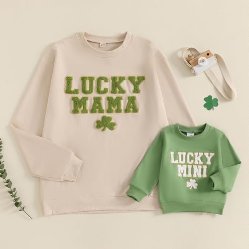 Karuedoo Mommy and Me Outfits St Patricks Day Family Matching Outfits Letter Clover Crewneck Sweatshirt Long Sleeve Shirt Top2