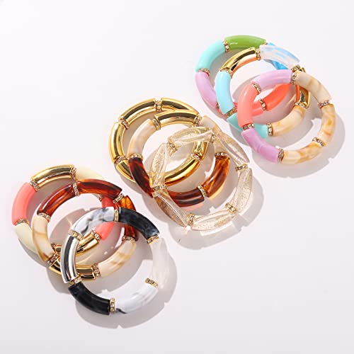 Bamboo Tube Bracelet Chunky Bangle Gold Stacking Bangles Acrylic Clear Stretchable Colorful Beads Friendship Bracelets Gift For Women (Colorful Rainbow) #TOP5