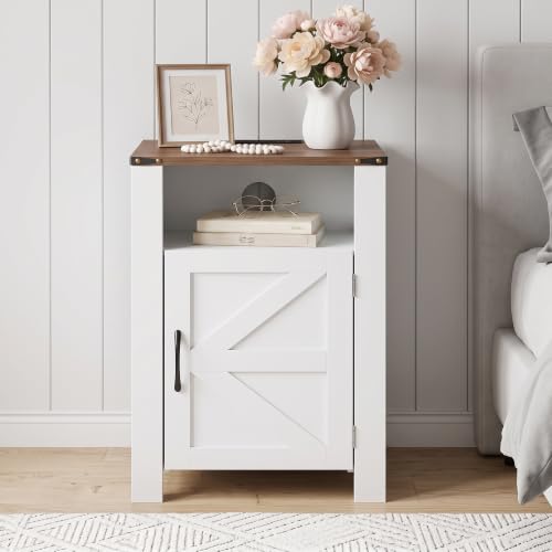 Image of VECELO Set of 2 Farmhouse Nightstands with Charging Station, Rustic Wooden Bedside Tables,End Tables with Open Shelf & Hidden Storage Cabinet for Bedroom, Living Room, White