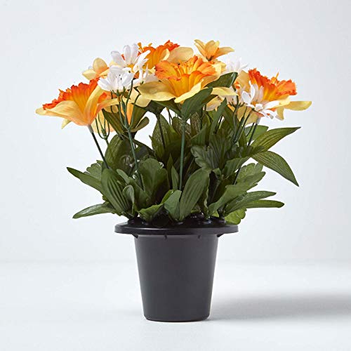 HOMESCAPES Artificial Orange & White Daisy & Narcissus Daffodils Grave Flowers in Grave Vase/Grave Pot, 30cm