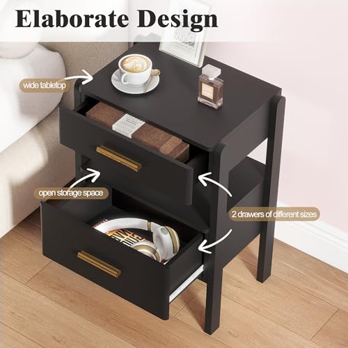 Image of Solid Wood Nightstand with 2 Drawers and Open Shelf Bedside Table End Table