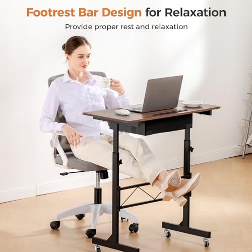 Image of COMHOMA Standing Desk Adjustable Height & Tiltable Tabletop, Portable Stand Up Desk for Laptop, Mobile Folding Desk for Home Office Work and Walking Pad Treadmill, Height 30.7 inch-46.4 inch, Brown