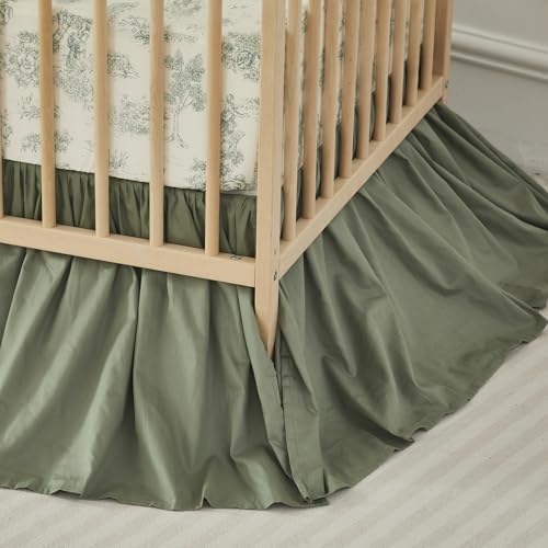 Image of Brandream Crib Bed Skirt for Baby Girls Boys Gray Boho Bohemian Neutral Solid Cotton Toddler Bedskirt Farmhouse Chic Ruffle, Vintage Green