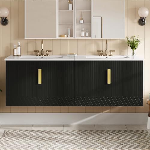 60 Inch Floating Bathroom Vanity with Double Sink,Wall Mounted Black