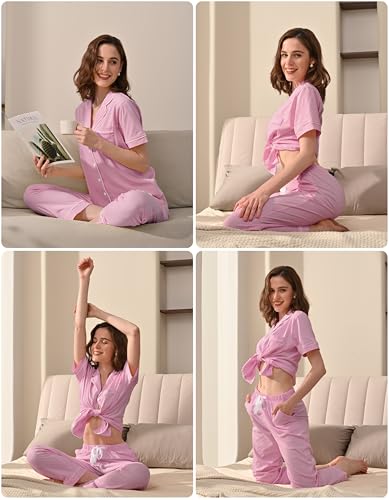 Image of NAP BOUND 100% Cotton Women's Pajama Sets Short Sleeve Button Down Soft Pjs 2 Piece Lounge Set with Pocket Nightwear XS-XXL