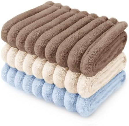 LINENLUX 1 Pack 3 Fleece Dog Blanket Soft Warm Cat Brown/White/Bl...