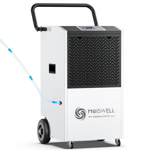 Moiswell 80L Commercial Dehumidifier with Pump 350m Coverage Industrial Use Portable Dehumidifier with Wheels Fit for Water Damage Restoration Basement Garage
