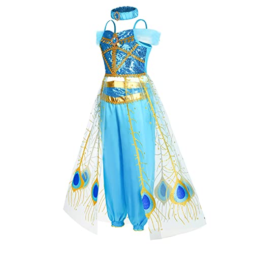 Jasmine Costume Dress Up For Girls Arabian Princess Dress Kids Birthday Party Carnival Halloween Jasmine Cosplay Clothes Outfit With Crowns, Scepters, Gloves, Headbands, Necklaces And Earrings,4T #TOP2