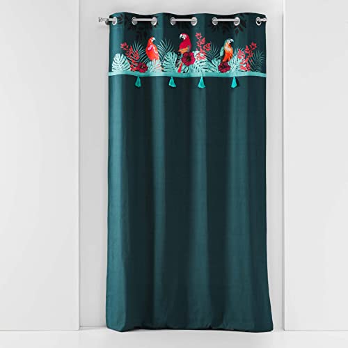 Rideau à Oeillets (140 x 240 cm) Caracas Bleu, Coton Finition Top Imprimé et Pompons