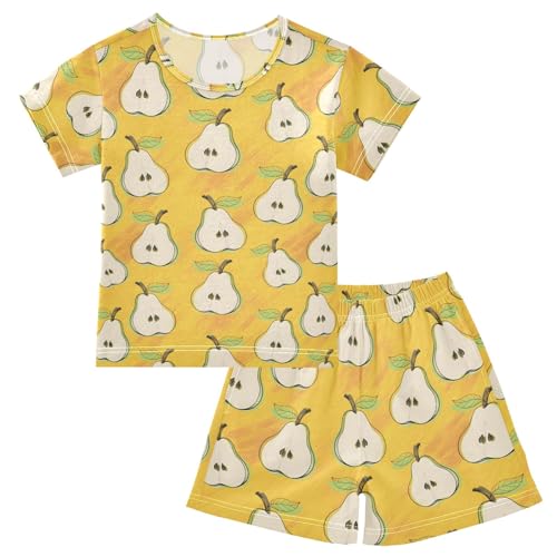 Pear Yellow Cartoon Pattern Summer Cute Pajama Sets, Short Sets for Daily Wears and Sleep Wears