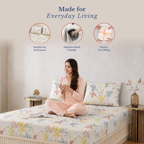 Image of Jaipur Weaves Queen Size Fitted Bedsheet Cotton with Elastic, 100% Pure Cotton Double Bed Fitted Sheet with 2 Pillow Covers, 240 TC, 60x78 Inches up to 8-inch Mattress, Floral Design - (Orange Floral)