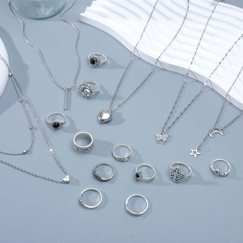 Image of NEWITIN 45 Pieces Silver Jewelry Set for Women Party Costume Punk Jewelry Set Goth Grunge Y2k Accessories Vintage Gothic Necklaces Bracelets Earrings Rings for Women Men