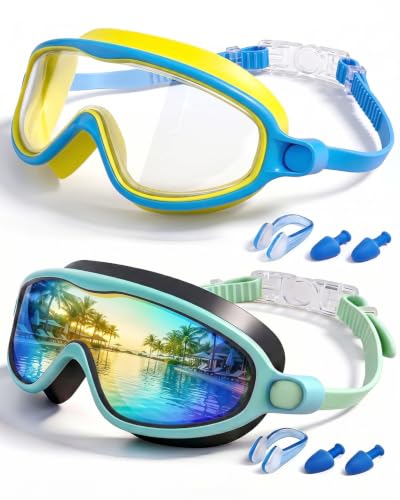Rantizon Kids Swimming Goggles 2 Pack, Anti Fog&UV Swim Goggles for Boys Girls, No Leak Pool Beach Essentials for kid 3-14 (Green Mirror Gold & Yellow Blue)