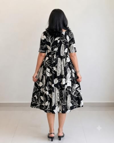 Image of Women's Rayon A-Line Midi Dress, Floral Print, Short Sleeves, Tiered Design, Round Neck, for Summer Wear
