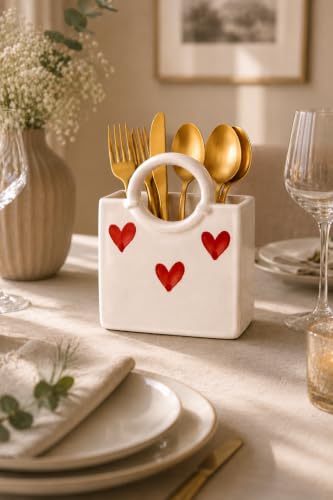 Image of Ceramic Utensil Holder, White Kitchen Organiser, Cutlery Set Holder (Heart)