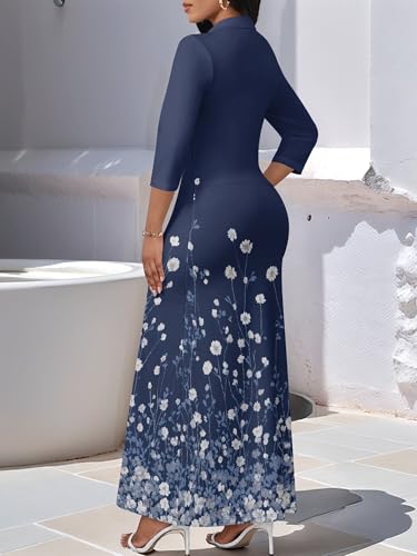 Image of PinkPatty Women's Casual 3 /4 Sleeve Polo V Neck Bodycon Maxi Dress | Semi formal, modest style, long fitted, versatile for church, work, business, office and daily wear