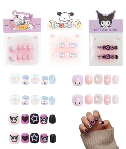 3 Pieces Nail Art Kit for Girls 6-12, Fake Nails Extension Kit with Cartoon Designs, Press on Nails Kit for DIY Manicure, Safe Artificial Nails Set for Fashion