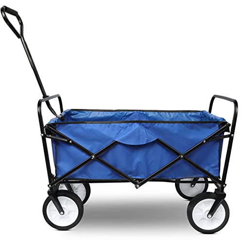 Gpoas Heavy Duty Collapsible Folding Wagon Cart Utility Outdoor Camping Shopping Garden Cart With 360° Universal Wheels & Adjustable Handle,176Lbs/80Kg Load Capacity,Blue #TOP6