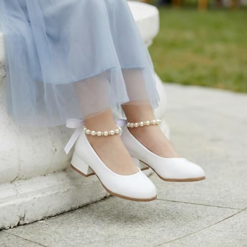 Image of THEE BRON Girls Low Heel Dress Shoes Mary Jane Party Wedding Flower Girl Pumps