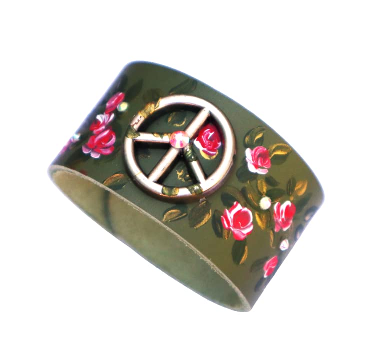 Adjustable Olive Green Peace Sign Stud Leather Cuff Bracelet with Hand Painted Pink Roses Romantic Boho Jewelry Goddess Arts Collection